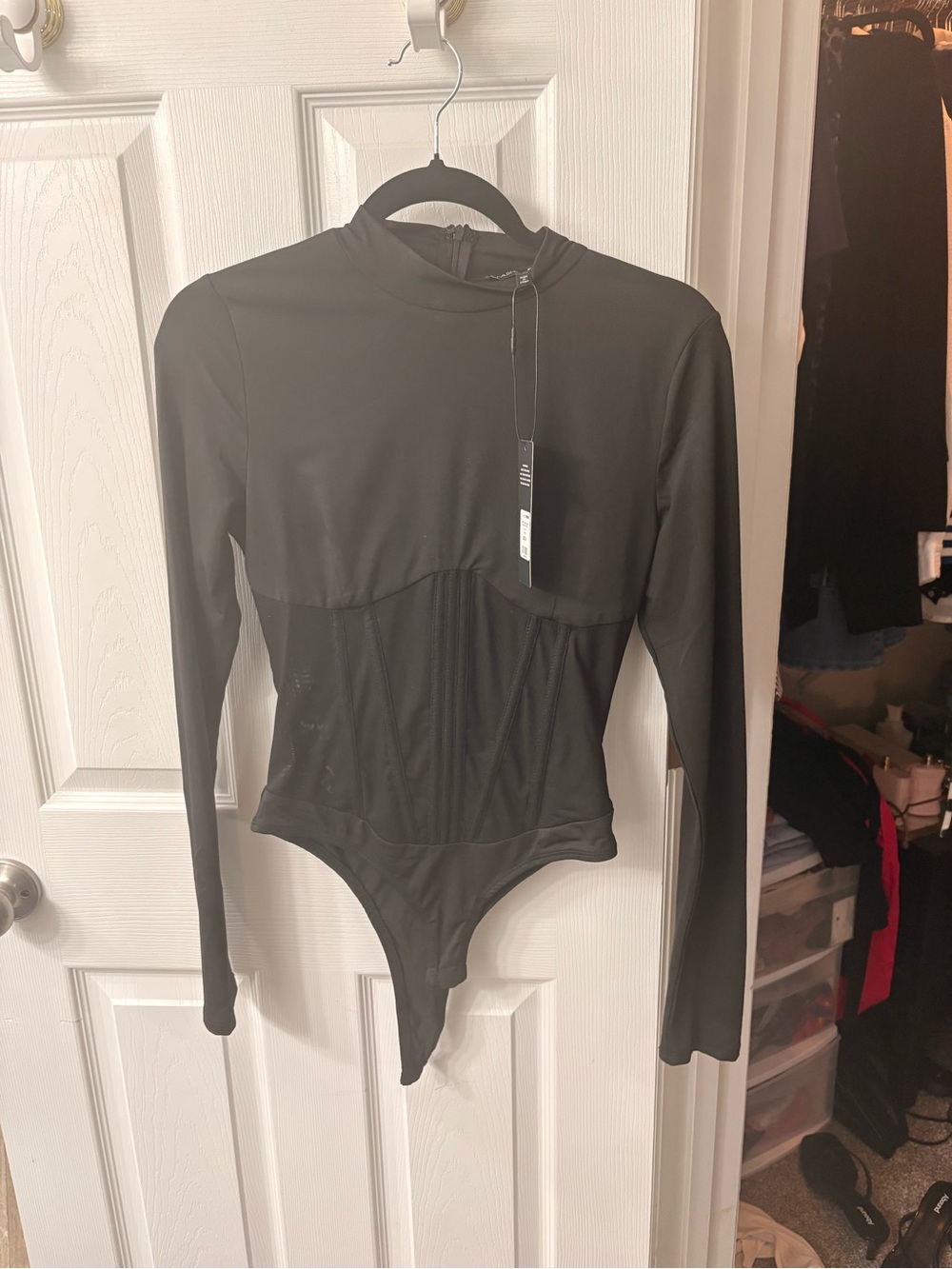 Fashion Nova Black Long Sleeve Corset Bodysuit